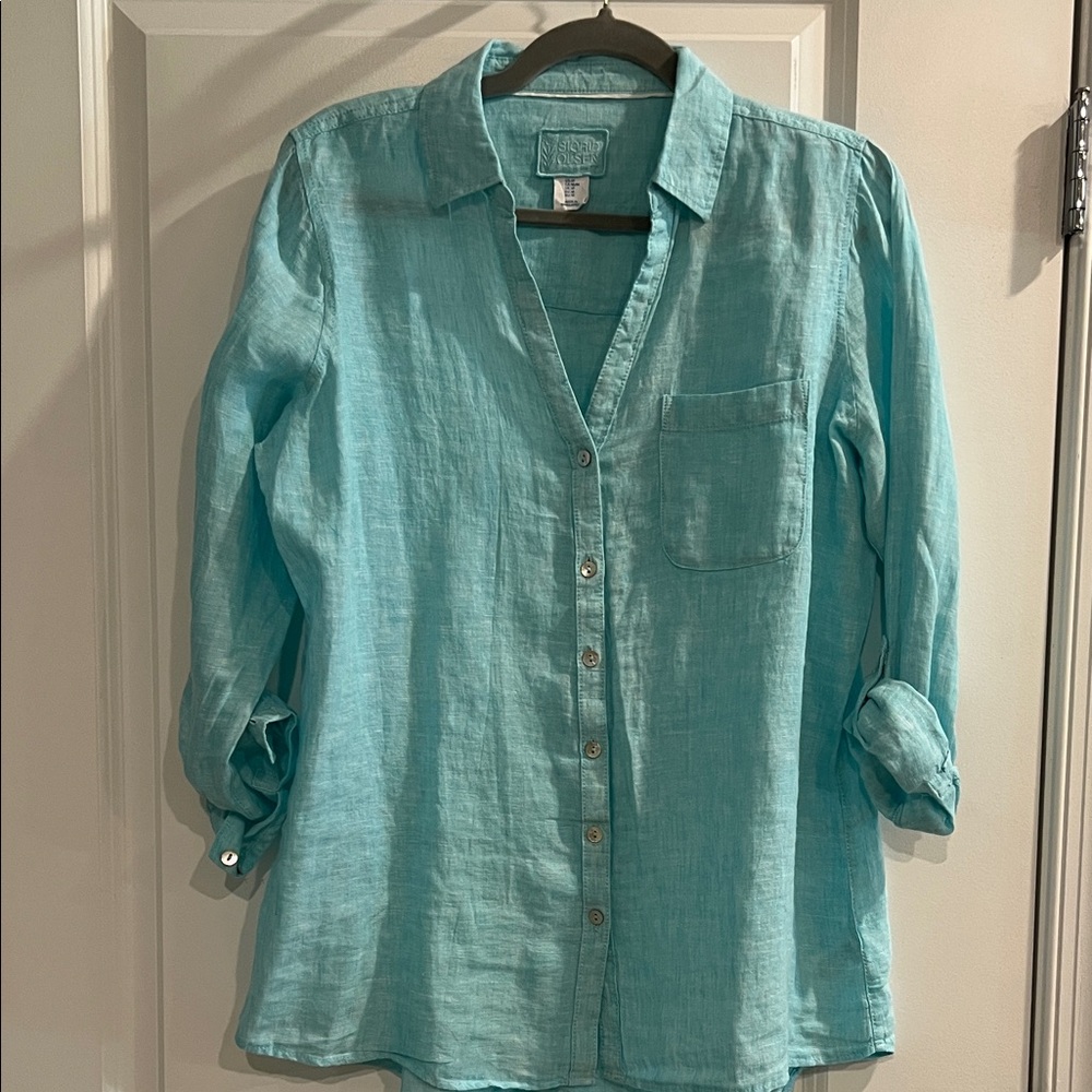 Sigrid Olsen Turquoise Linen  Button Down Shirt